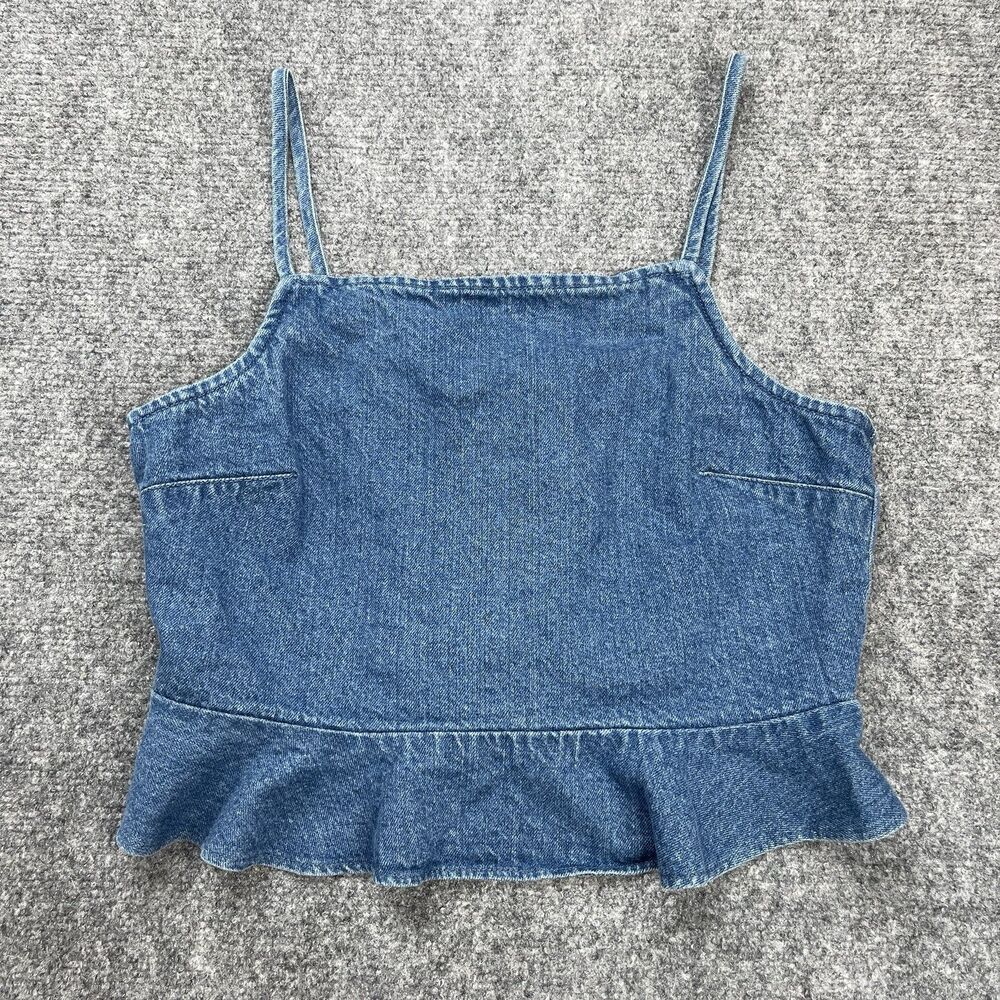American Eagle Denim Tank Top Womens Medium Cropped Ruffle Bottom Smocked Back - Picture 2 of 7